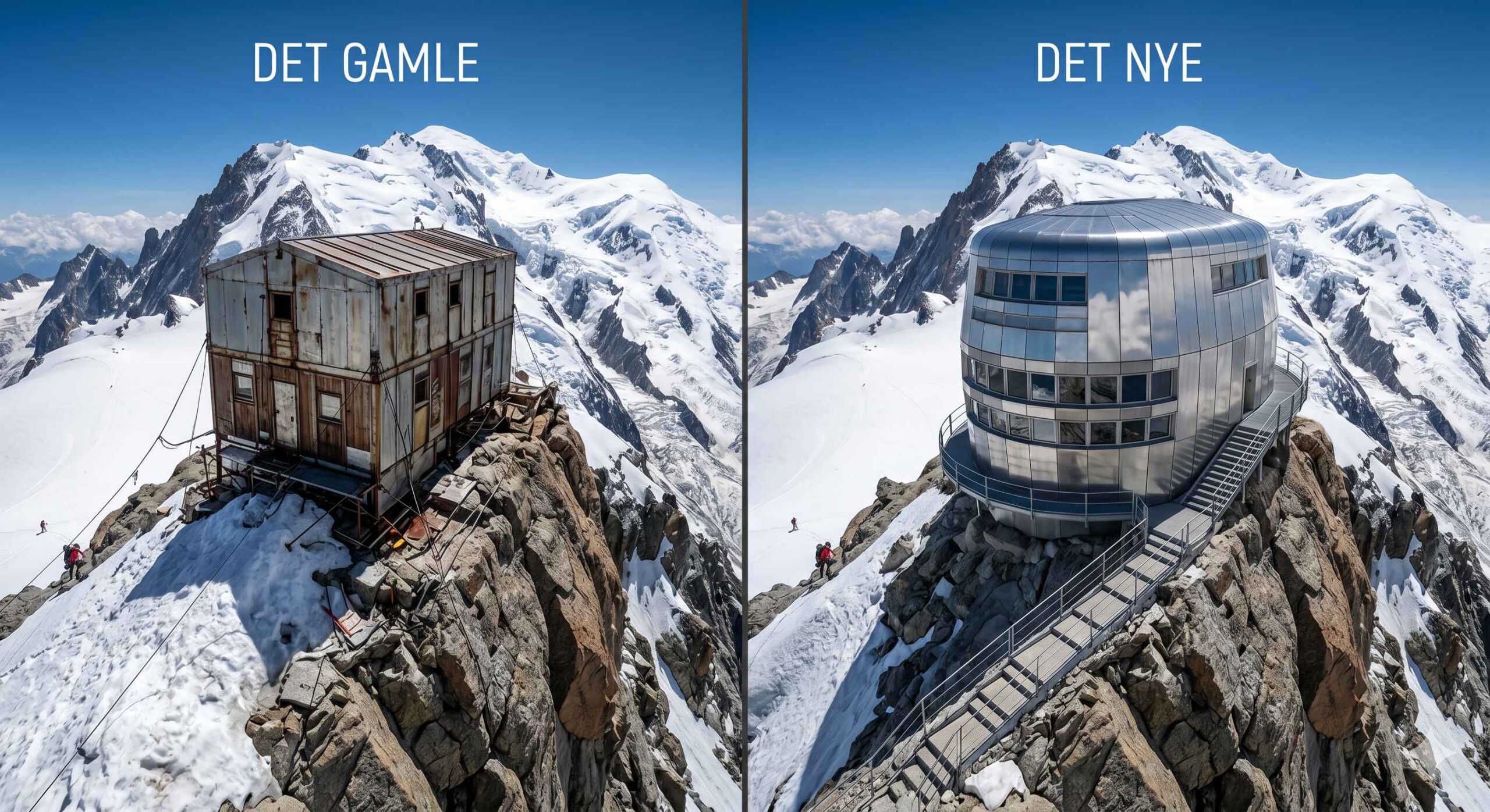 Sammenligning af det gamle og nye Refuge du Goûter på Mont Blanc.
