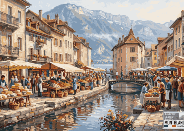 Annecy-marked med sine farverige boder, lokale råvarer og Alpernes majestætiske baggrund.