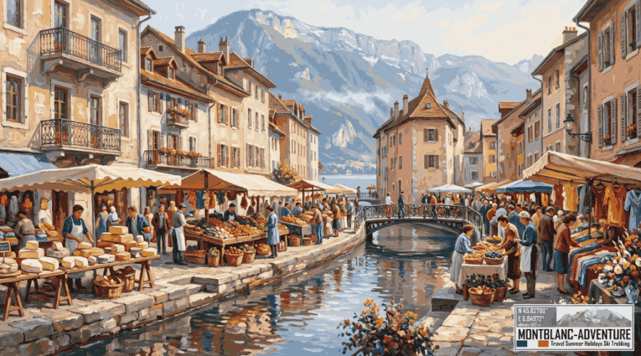 Annecy-marked med sine farverige boder, lokale råvarer og Alpernes majestætiske baggrund.