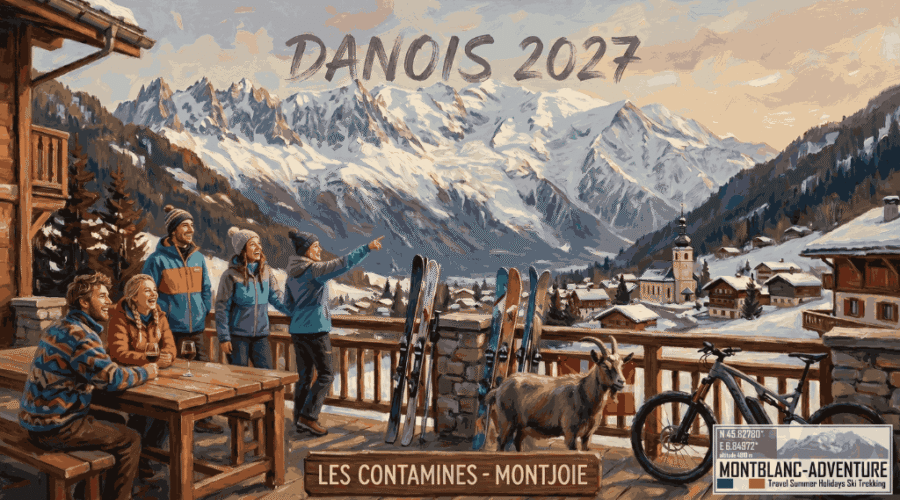 Malet illustration af en gruppe unge, glade naturentusiaster på en bjergterrasse i Les Contamines-Montjoie, Frankrig. De står og sidder ved et træbord, nogle peger mod de sneklædte Alper (inklusive Mont Blanc). Billedet inkluderer flere par moderne ski, en ged, en e-mountainbike og tekst, der læser "DANOIS 2027" i skyen og "LES CONTAMINES - MONTJOIE" på et træskilt. Dette billede er ideelt til at promovere den kommende "DANOIS 2027" skiferie og viser den unikke blanding af natur og sport.