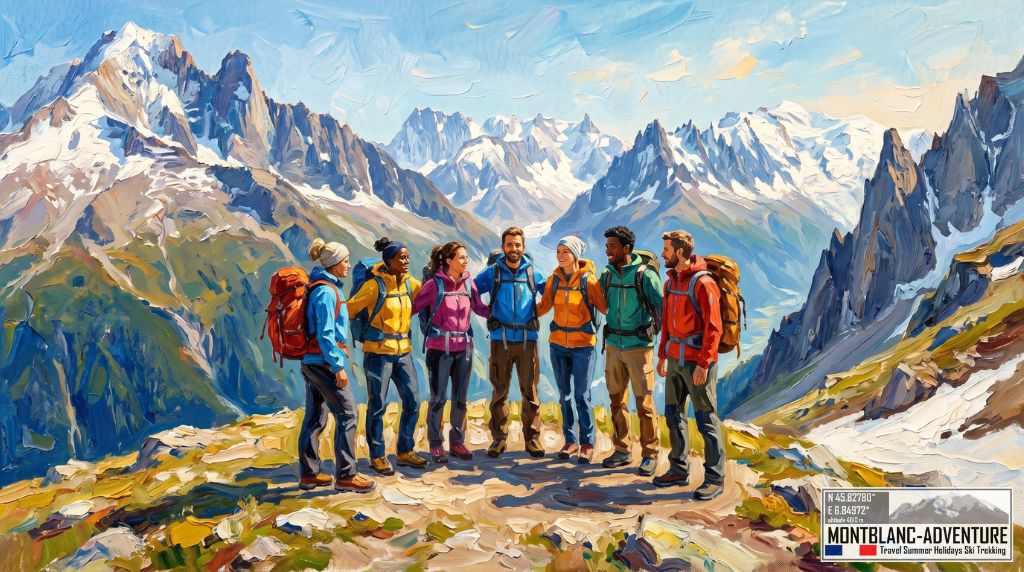 Impressionistisk oliemaleri af kolleger samlet på en bjergryg under en firmatur i Alperne arrangeret af MontBlanc-Adventure.