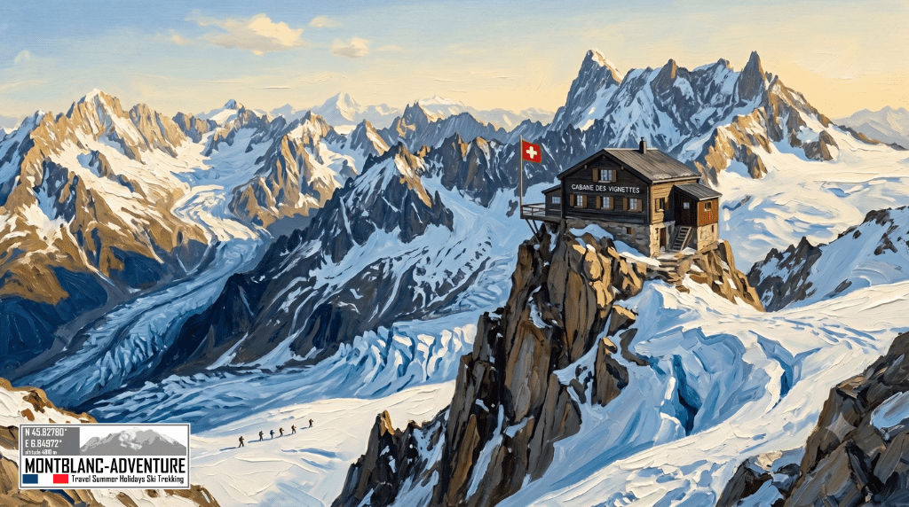 Kunstnerisk oliemaleri af den historiske bjerghytte Cabane des Vignettes placeret på en lodret klippekant på en skitouring med MontBlanc-Adventure.