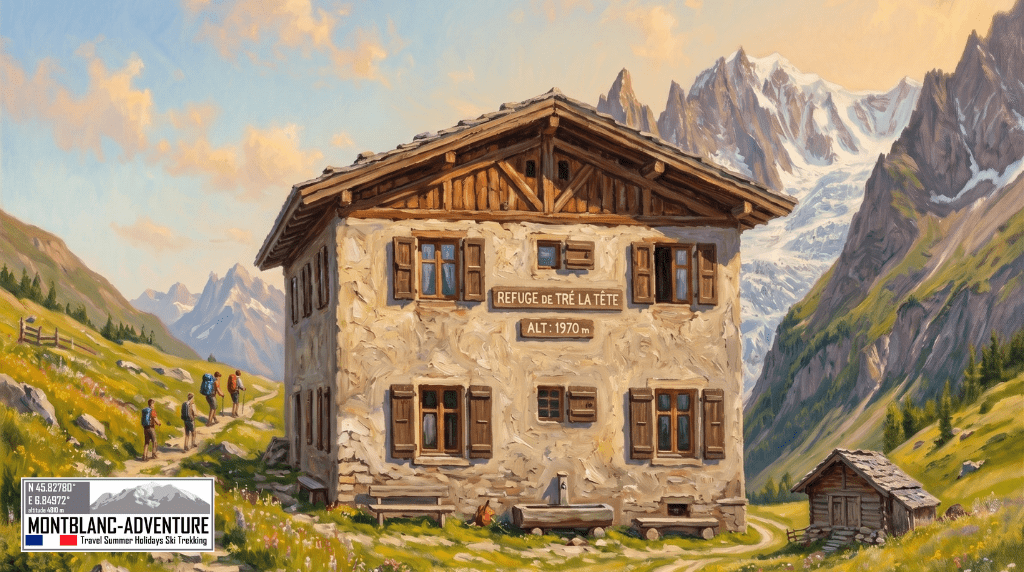 Et hyggeligt, rustikt landskabsscene af den historiske Refuge de Tré-la-Tête, der ligger på en høj klippeafsats. En gammel bjerghytte af sten og træ med en terrasse med udsigt over en massiv alpin bjergkæde. Et blødt, gyldent eftermiddagslys kaster en varm glød over scenen. MontBlanc-Adventure