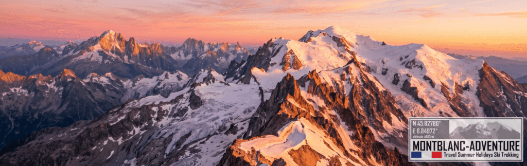 Et romantisk og dramatisk impressionistisk oliemaleri af en gylden solnedgang over Mont Blanc-massivet. Himlen er fyldt med varme nuancer af orange, lyserød og blød lilla, der reflekteres på de snedækkede tinder og højderyggen af Aiguillette des Posettes. Rig lærredstekstur, levende belysning. Vandreture i Mont Blanc området med MontBlanc-Adventure