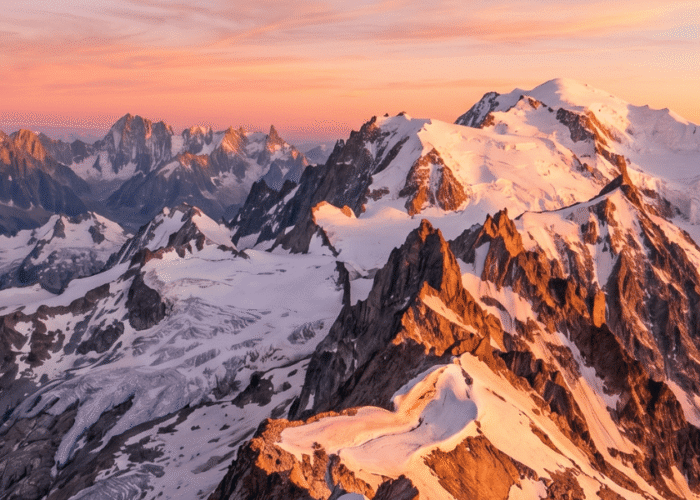 Et romantisk og dramatisk impressionistisk oliemaleri af en gylden solnedgang over Mont Blanc-massivet. Himlen er fyldt med varme nuancer af orange, lyserød og blød lilla, der reflekteres på de snedækkede tinder og højderyggen af ​​Aiguillette des Posettes. Rig lærredstekstur, levende belysning. Vandreture i Mont Blanc området med MontBlanc-Adventure