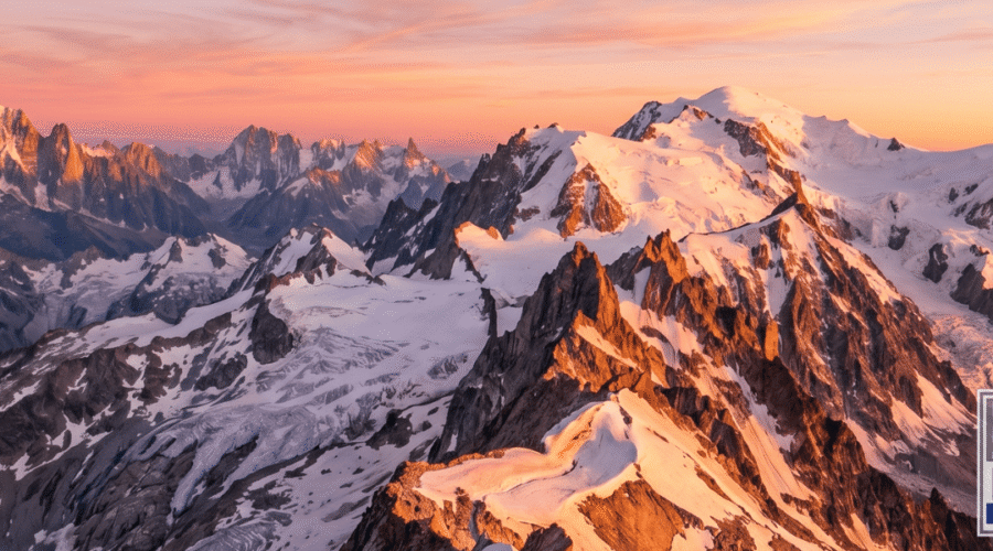 Et romantisk og dramatisk impressionistisk oliemaleri af en gylden solnedgang over Mont Blanc-massivet. Himlen er fyldt med varme nuancer af orange, lyserød og blød lilla, der reflekteres på de snedækkede tinder og højderyggen af ​​Aiguillette des Posettes. Rig lærredstekstur, levende belysning. Vandreture i Mont Blanc området med MontBlanc-Adventure