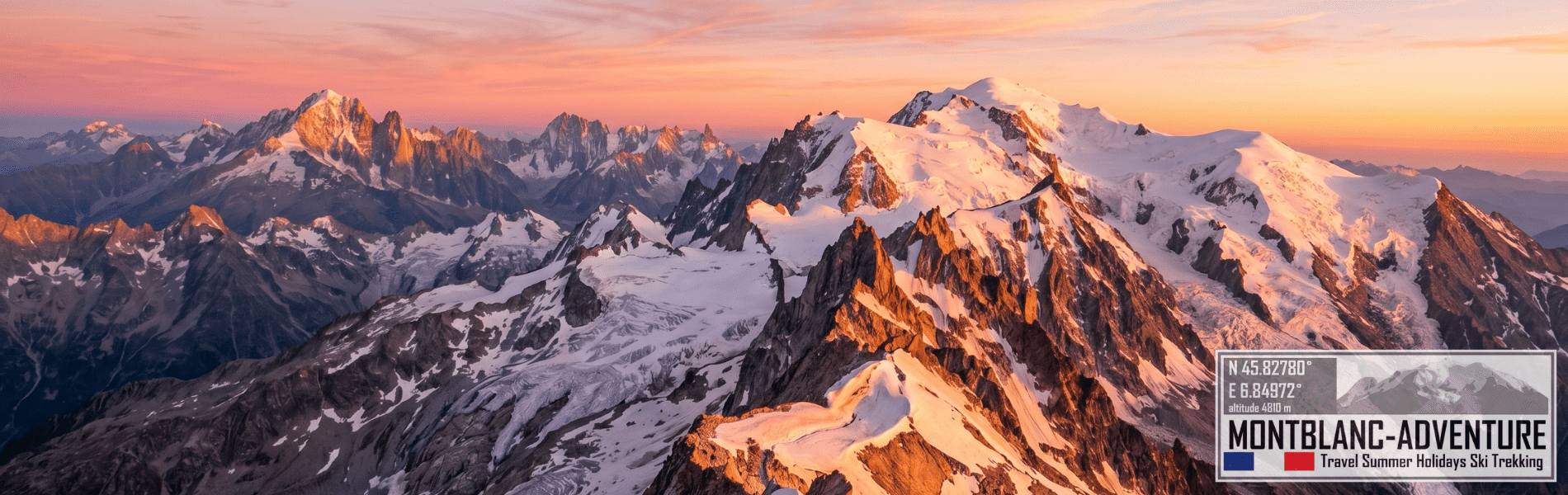 Et romantisk og dramatisk impressionistisk oliemaleri af en gylden solnedgang over Mont Blanc-massivet. Himlen er fyldt med varme nuancer af orange, lyserød og blød lilla, der reflekteres på de snedækkede tinder og højderyggen af ​​Aiguillette des Posettes. Rig lærredstekstur, levende belysning. Vandreture i Mont Blanc området med MontBlanc-Adventure