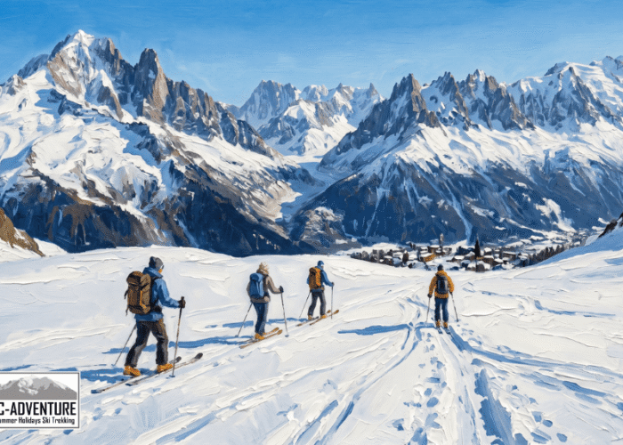Impressionistisk oliemaleri af skiløbere med feller på gletsjeren på Haute Route Chamonix Zermatt med MontBlanc-Adventure.