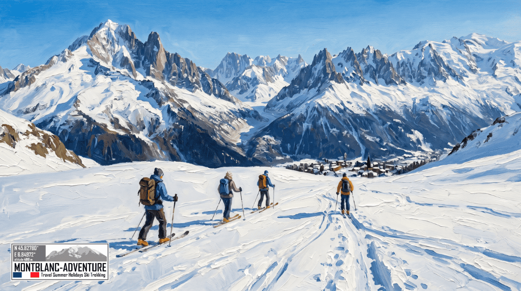 Impressionistisk oliemaleri af skiløbere med feller på gletsjeren på Haute Route Chamonix Zermatt med MontBlanc-Adventure.