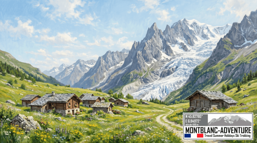 Oliemaleri af traditionelle bjerghytter ved Chalets de Miage under smuk vandring i de franske alper med MontBlanc-Adventure.