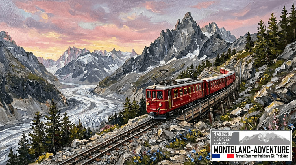 Montenvers-tandhjulstog, der snor sig ned ad en stejl alpin bjergskråning nær Chamonix. Takkede grå granittoppe og antydninger af en fjern gletsjer fylder baggrunden, gengivet i en smuk, atmosfærisk kunstnerisk stil. MontBlanc-Adventure