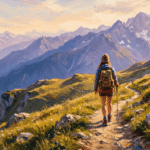 Et maleri, der fanger en vandrer set bagfra på en smal bjergsti på vej mod et pas (Col). Lyset er gyldent (late afternoon/golden hour), og de fjerne bjergkamme fortoner sig i blålige og lilla nuancer, hvilket giver en fantastisk dybde og følelse af frihed.