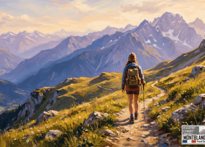 Et maleri, der fanger en vandrer set bagfra på en smal bjergsti på vej mod et pas (Col). Lyset er gyldent (late afternoon/golden hour), og de fjerne bjergkamme fortoner sig i blålige og lilla nuancer, hvilket giver en fantastisk dybde og følelse af frihed.