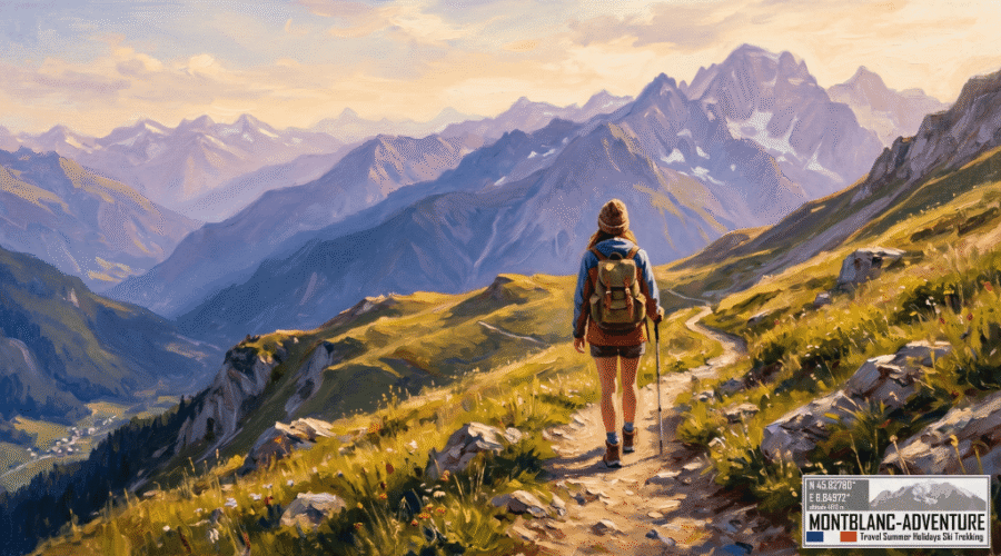 Et maleri, der fanger en vandrer set bagfra på en smal bjergsti på vej mod et pas (Col). Lyset er gyldent (late afternoon/golden hour), og de fjerne bjergkamme fortoner sig i blålige og lilla nuancer, hvilket giver en fantastisk dybde og følelse af frihed.