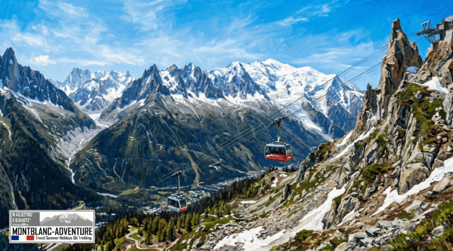 Impressionistisk oliemaleri af Aiguille du Midi kabinebanen i Chamonix om sommeren med udsigt mod det sneklædte Mont Blanc-massiv med MontBlanc-Adventure.