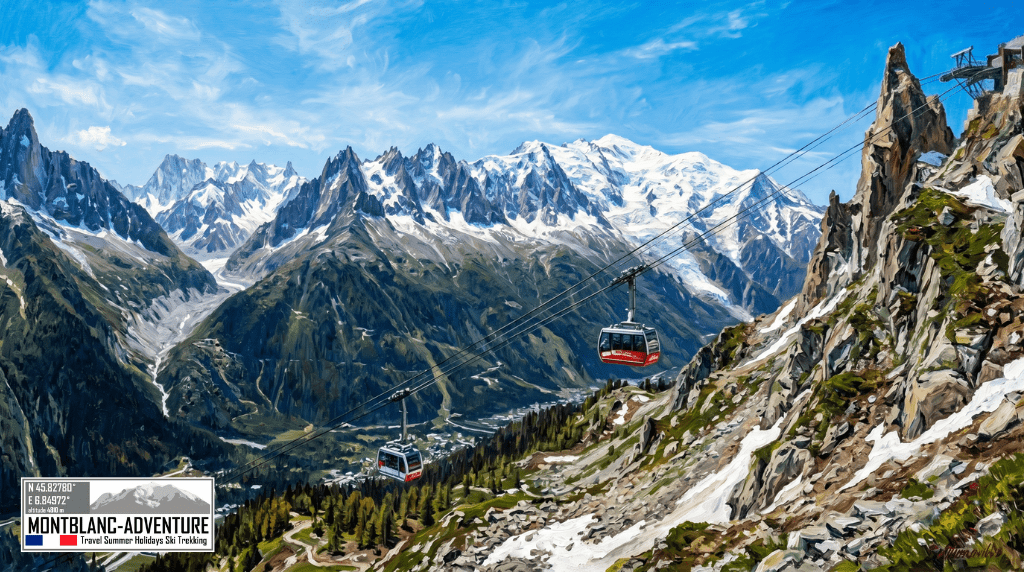 Impressionistisk oliemaleri af Aiguille du Midi kabinebanen i Chamonix om sommeren med udsigt mod det sneklædte Mont Blanc-massiv med MontBlanc-Adventure.