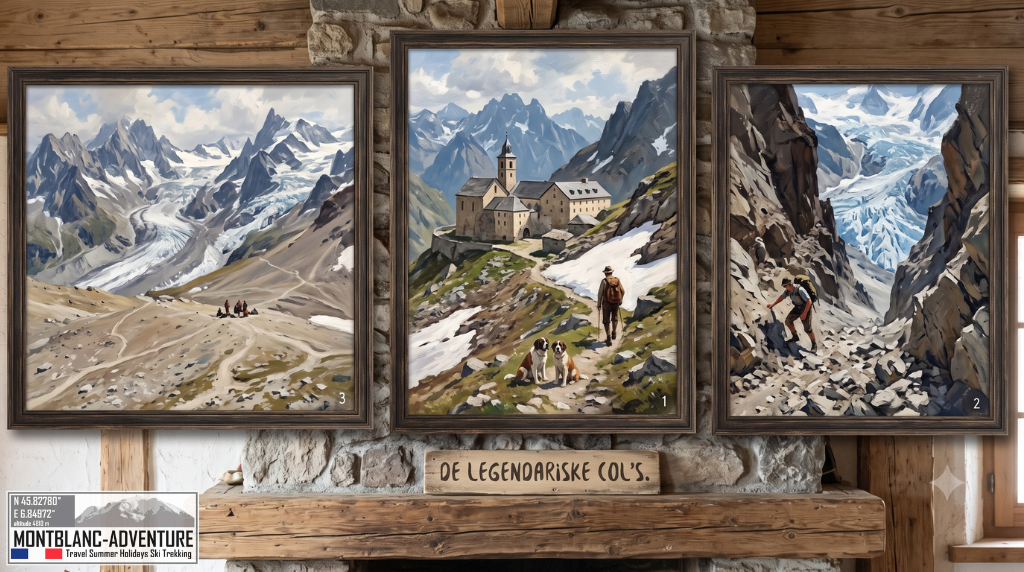 En detaljeret illustration af et bjerghytte-interiør, der viser en pejs af rustikke sten og gamle bjælker. På pejsen hænger en triptyk af tre indrammede malerier, hver med sit eget bjerglandskab. Det venstre maleri, nummer 3, viser en bred dal og en gletsjer med små vandrere i forgrunden. Det midterste maleri, nummer 1, viser et historisk bjergkloster (Col du Grand Saint-Bernard Hospice) med to St. Bernhard-hunde og en vandrer med rygsæk, der går mod det. Det højre maleri, nummer 2, viser en bjergbestiger, der klatrer op ad en stejl scree-skråning over en gletsjer. På kanten af pejsen står et weathered træskilt med teksten "DE LEGENDARISKE COL'S." I nederste venstre hjørne er en metalplade med logoet "MONTBLANC-ADVENTURE", koordinaterne "N 45.82780°, E 6.84972°", højde og "Travel Summer Holidays Ski Trekking